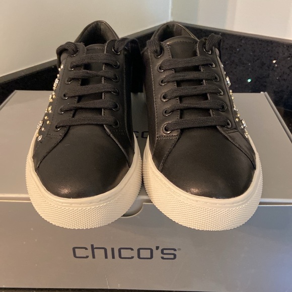 NIB Chico’s Black w/ Gold & Silver Metallic Rivets, Beads, Pave ILIMA Sneakers - Picture 5 of 15